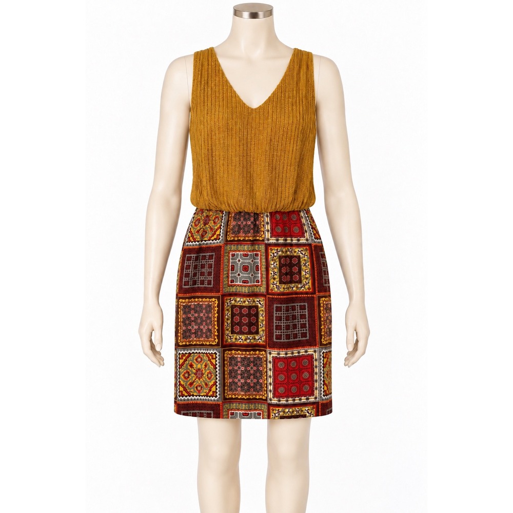 Judith March Mustard Crochet Patchwork Print Mini Dress Womens Large 644D-2
